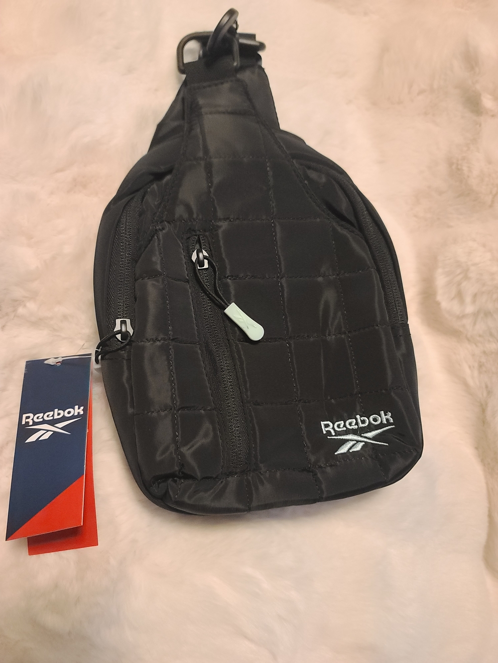 Reebok Black Quilted Crossbody Belt Bag with White Logo